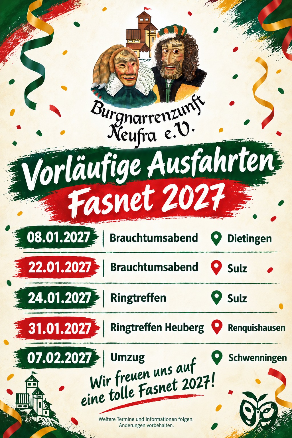 Originalflyer mit den fünf vorläufigen Ausfahrten zur Fasnet 2027