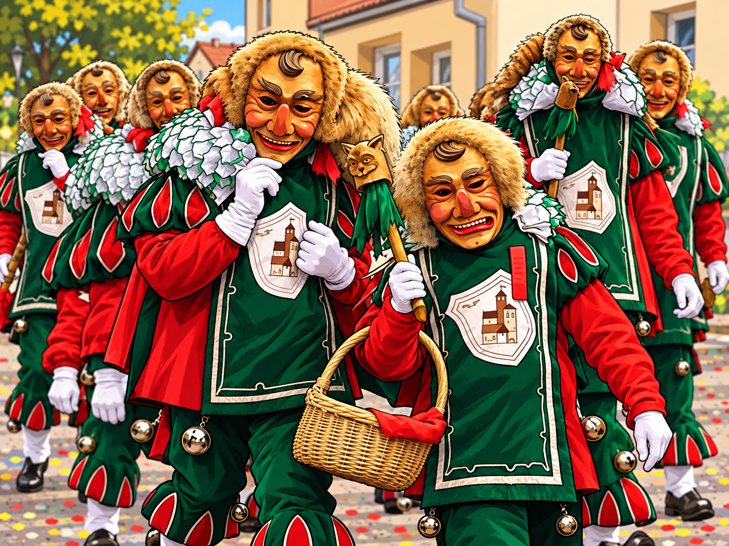 Burgnarren beim Umzug – Comicillustration nach Vereinsfoto