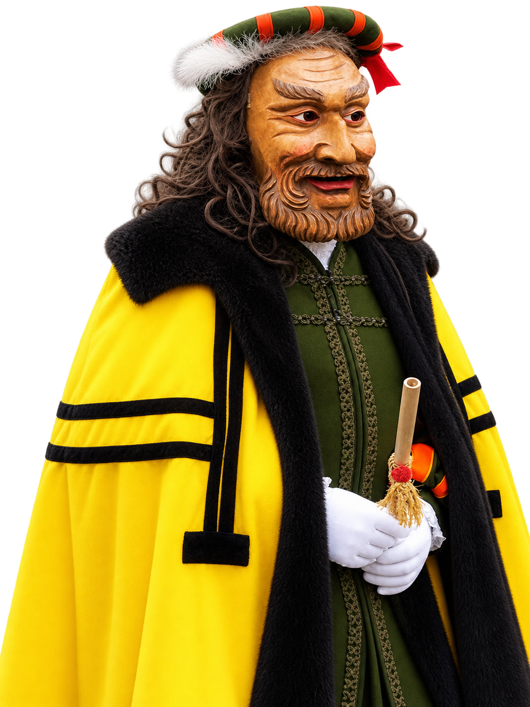 Burgherr mit bärtiger Holzmaske, grünem Barett und gelbem Umhang